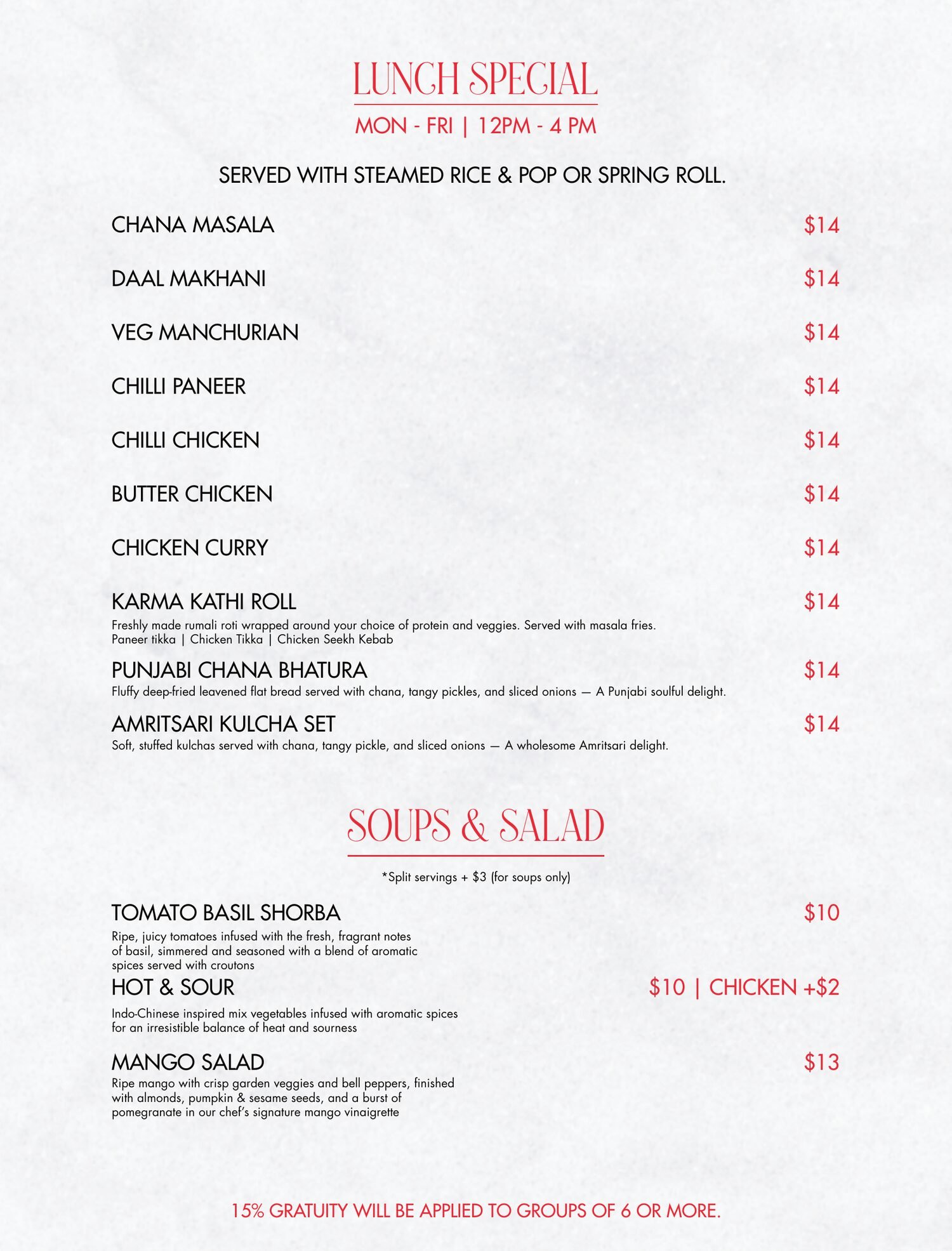 Menu page: Lunch Special served Monday to Friday, plus Soups and Salad
