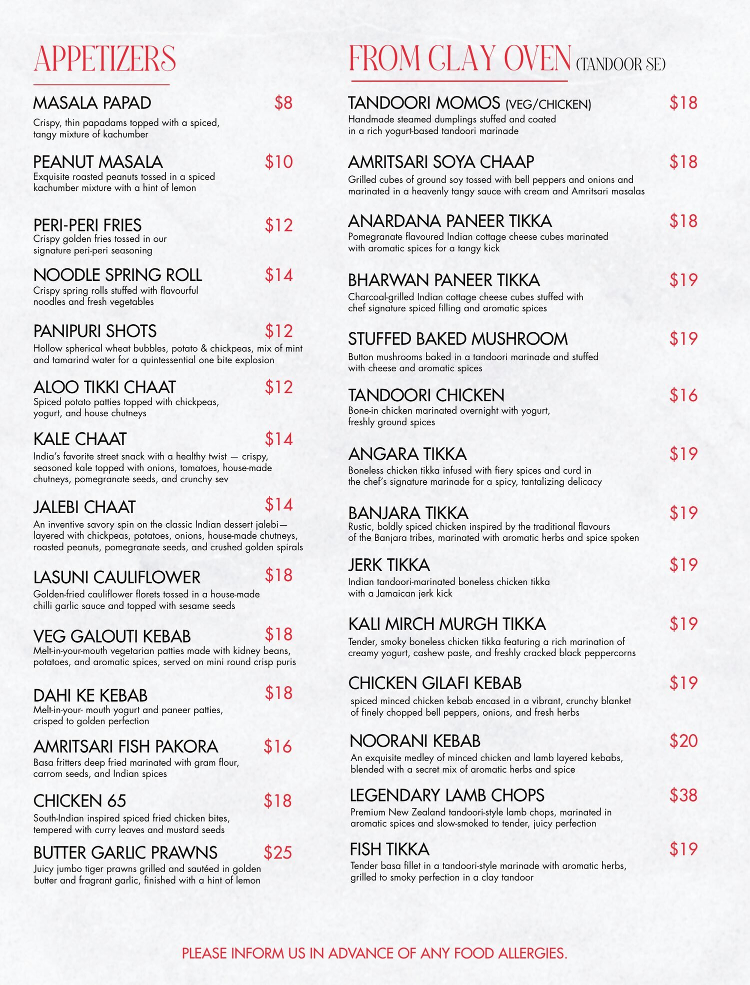 Menu page: Appetizers and dishes From the Clay Oven (Tandoor Se)