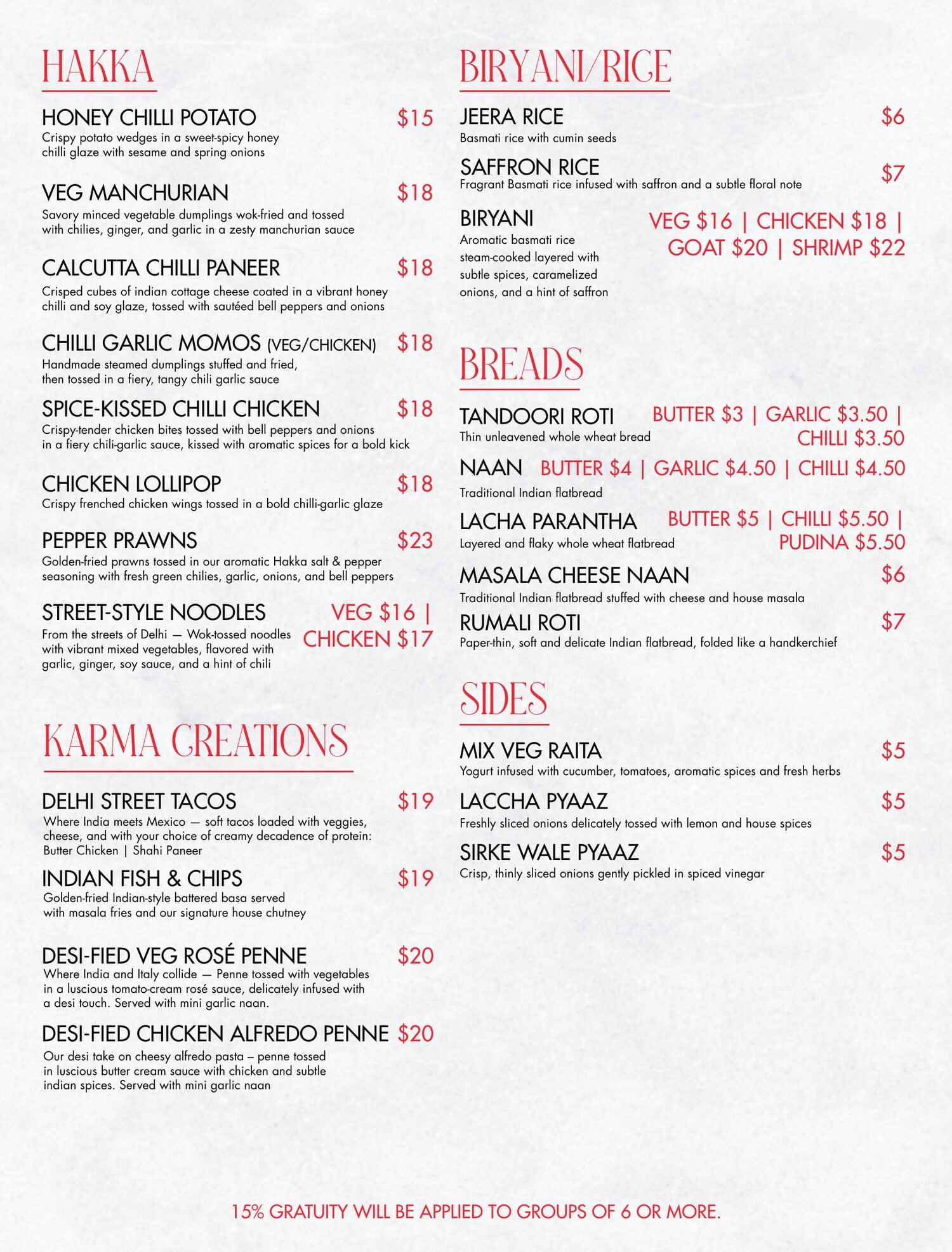 Menu page: Hakka, Karma Creations, Biryani and Rice, Breads and Sides