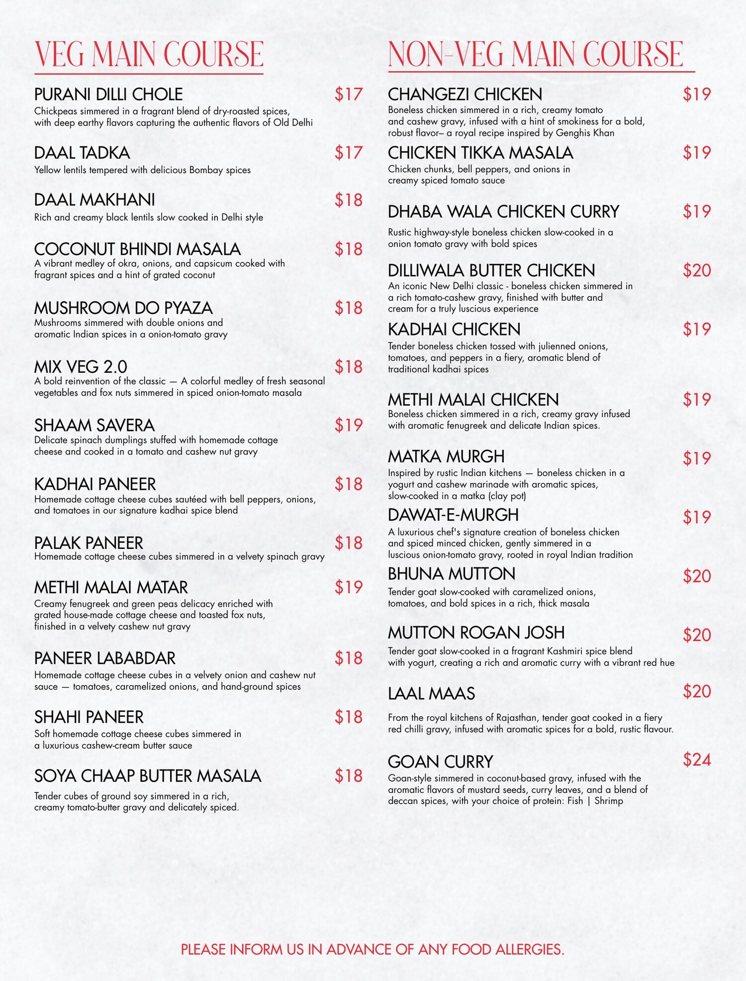 Menu page: Veg Main Course and Non-Veg Main Course