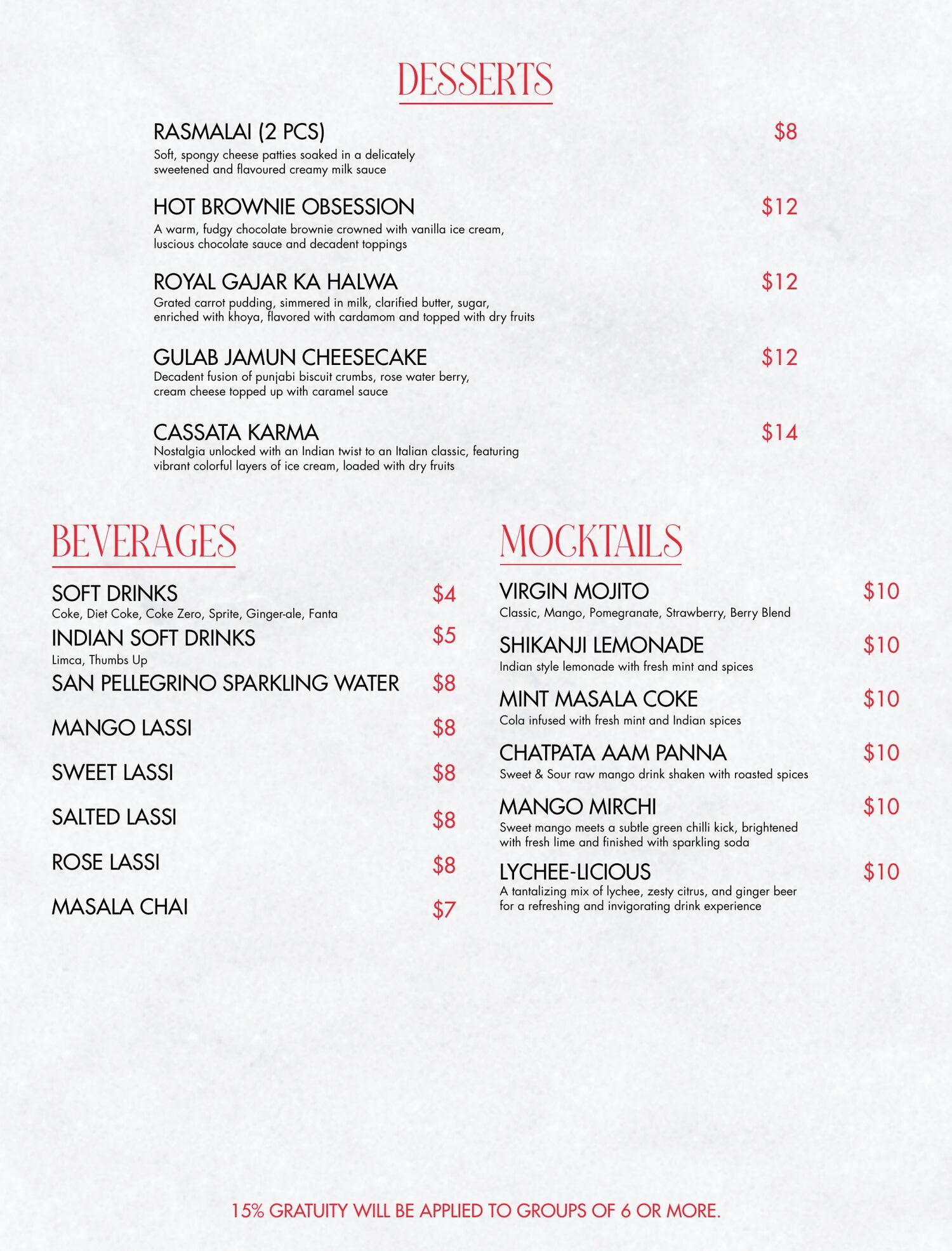 Menu page: Desserts, Beverages and Mocktails